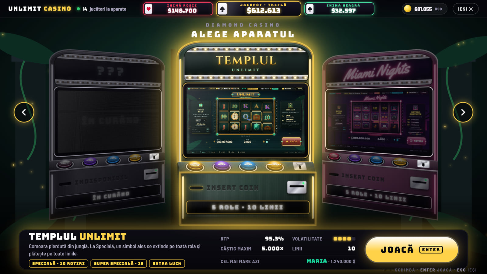 Unlimit Casino — meniul 3D cu aparate